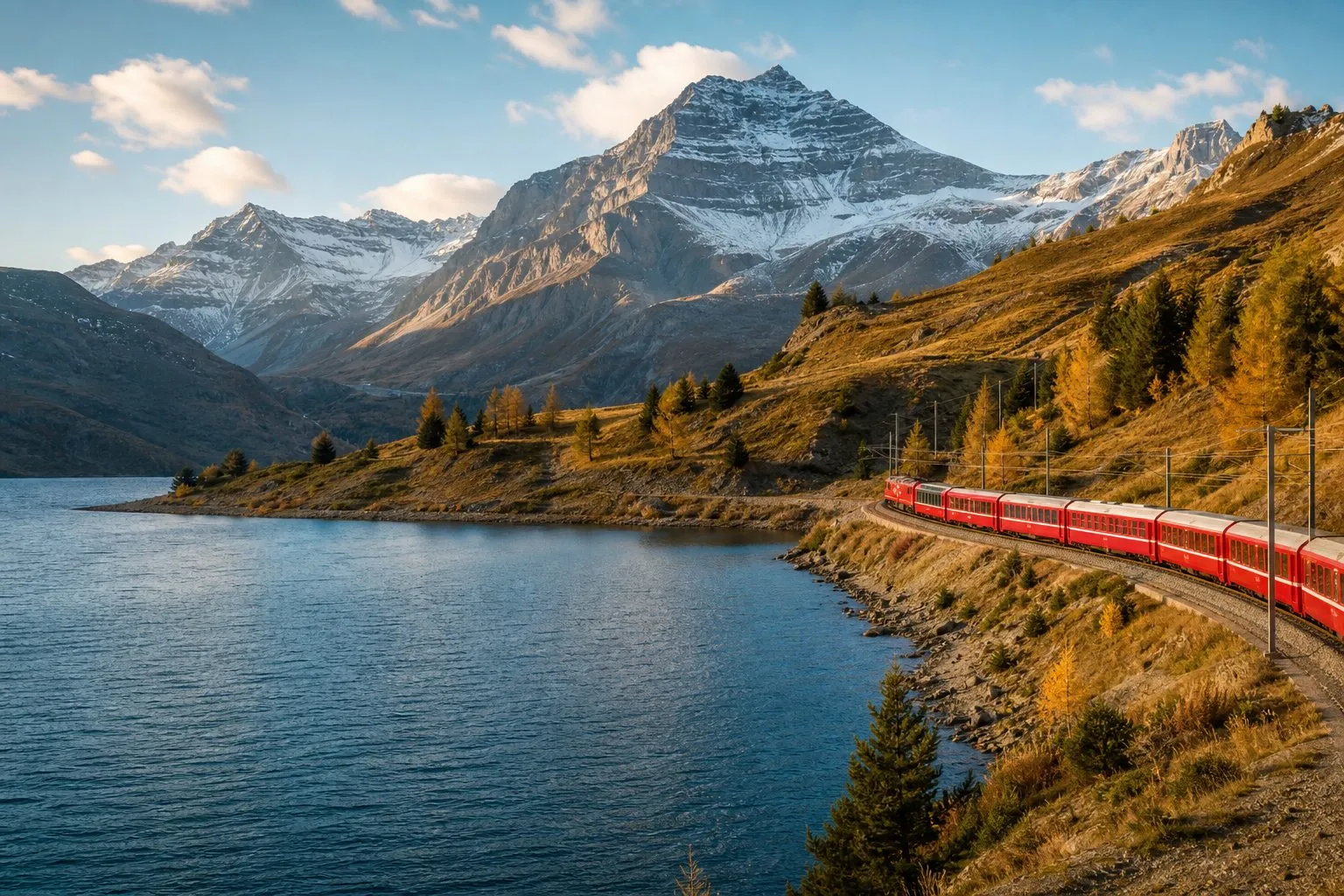 A red passenger train travelling beside an alpine lake and mountains