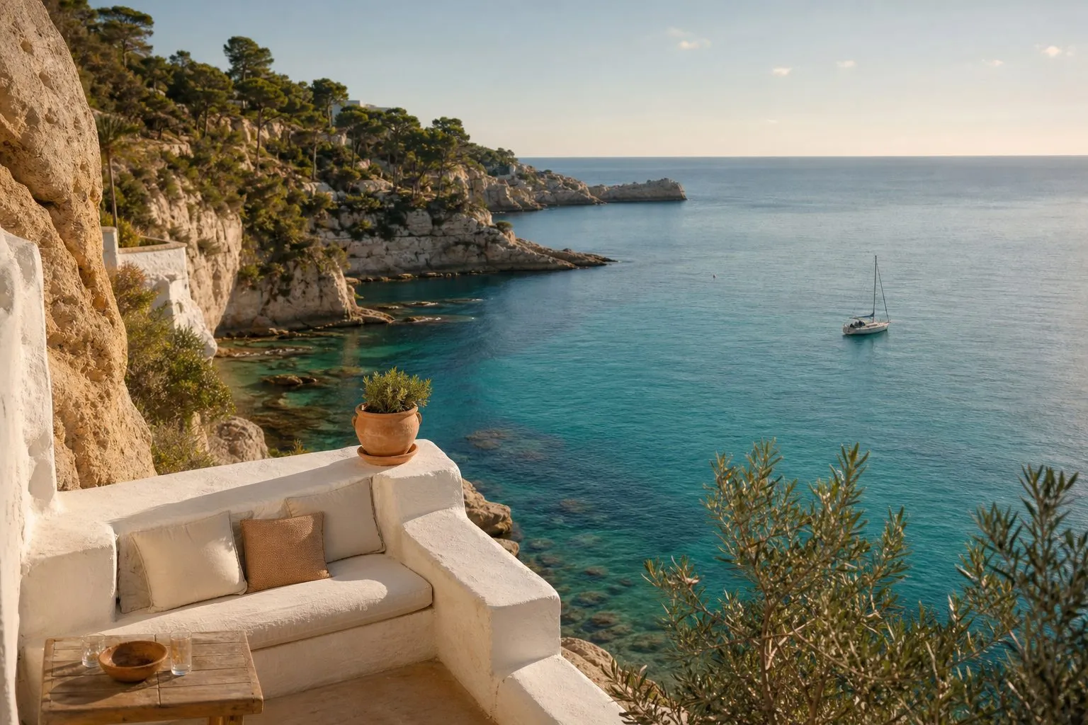 A sunlit Mediterranean terrace overlooking a turquoise bay